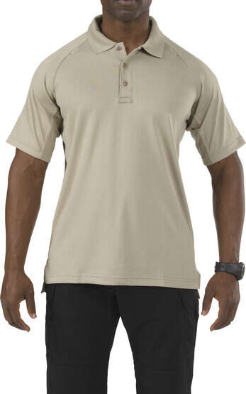5.11 Tactical Performance Short Sleeve Polo in silver tan, front view